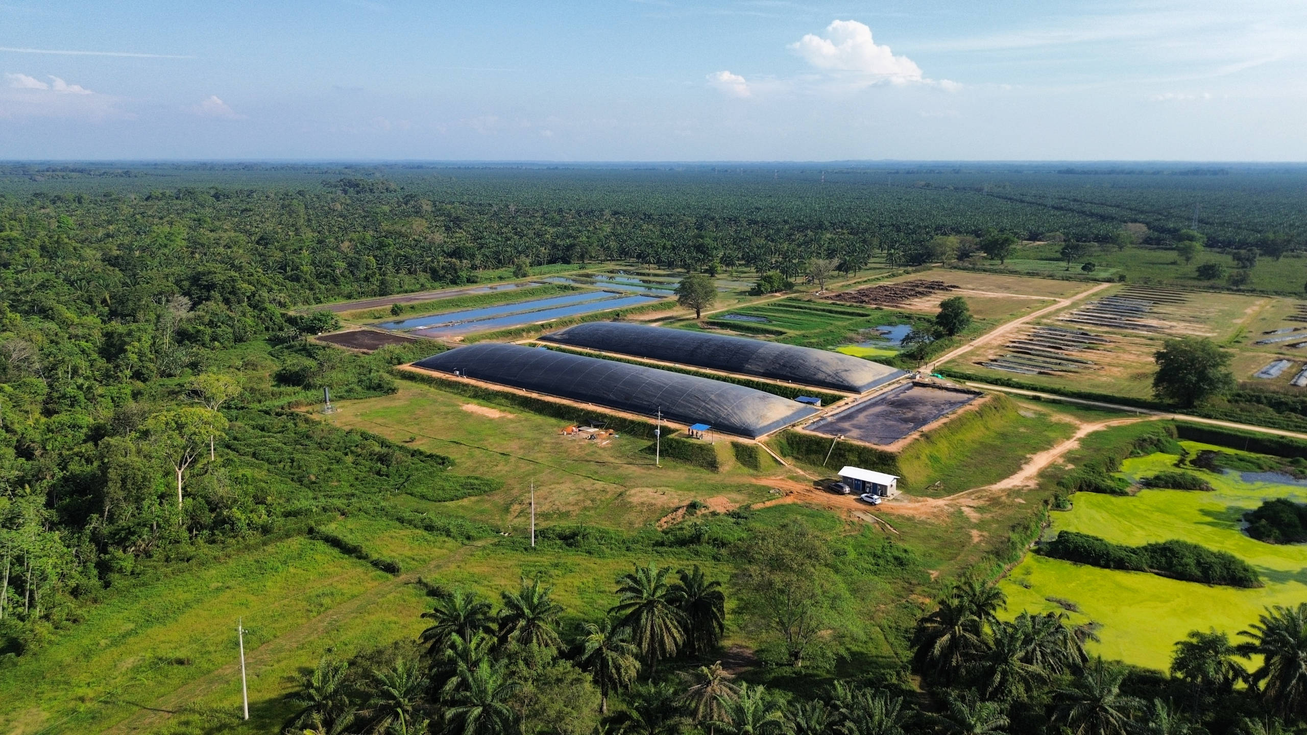 Vista aérea de biodigestores cubiertos para producción de biogás en plantación rodeada de vegetación