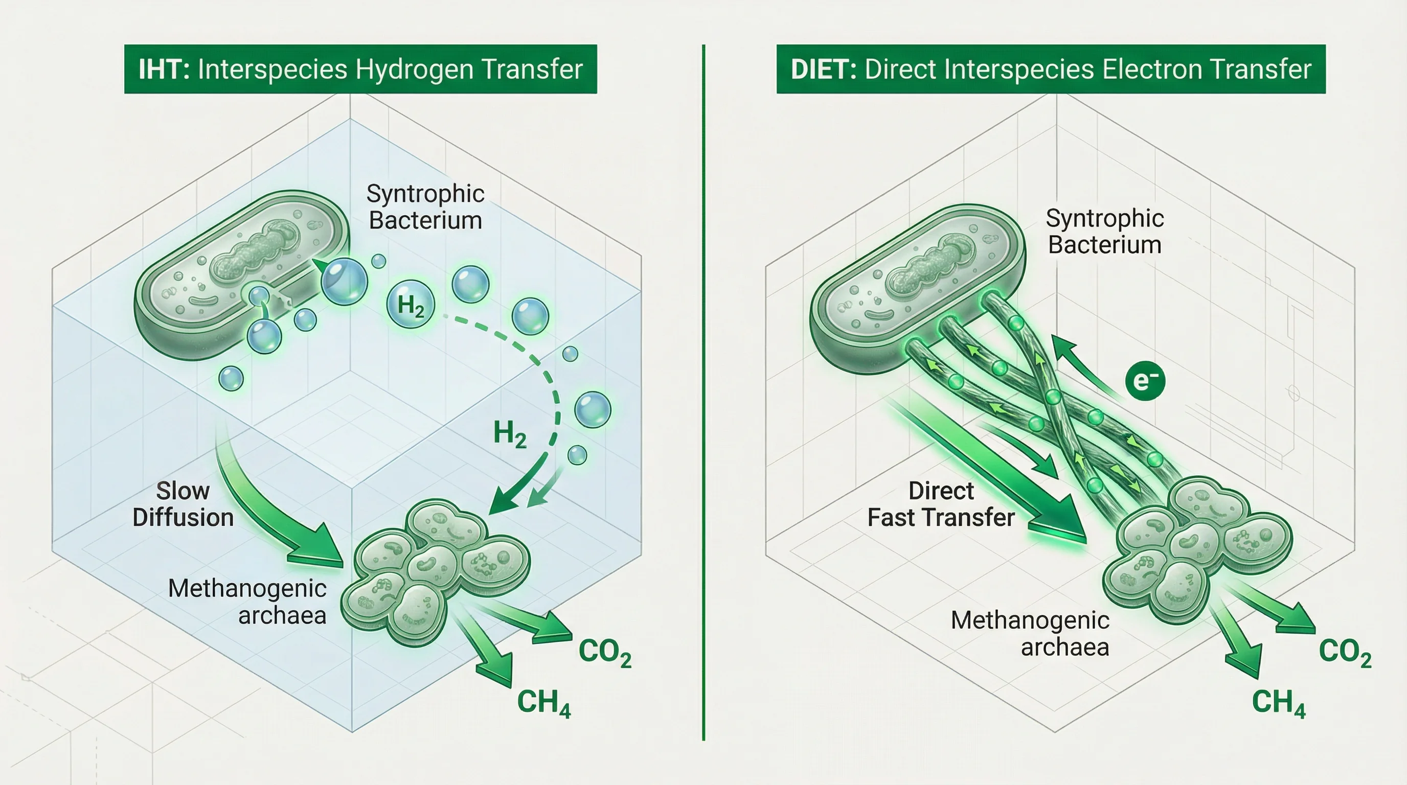 Diagrama comparativo entre IHT (transferencia de hidrógeno) y DIET (transferencia directa de electrones)