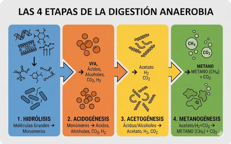 Las cuatro etapas de la digestión anaerobia