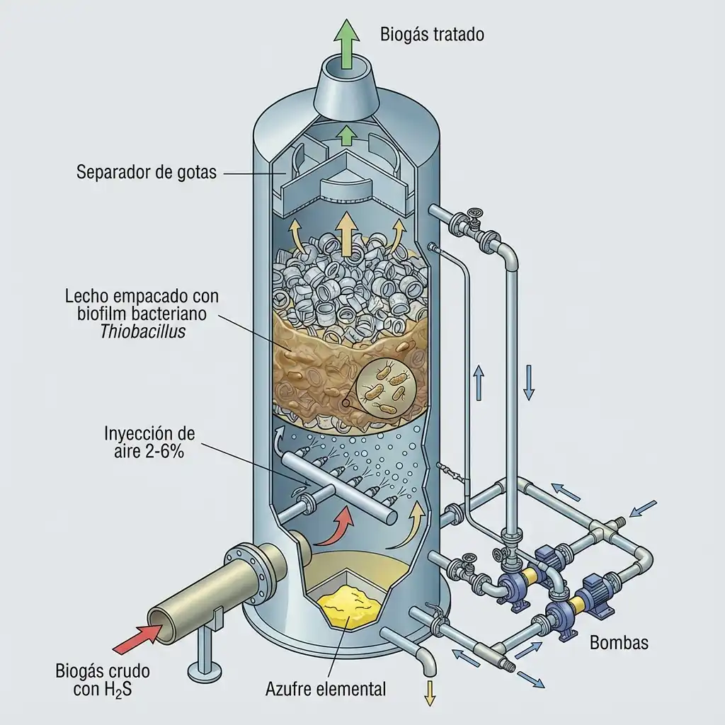 Diagrama isométrico de torre de biodesulfuración con bacterias Thiobacillus