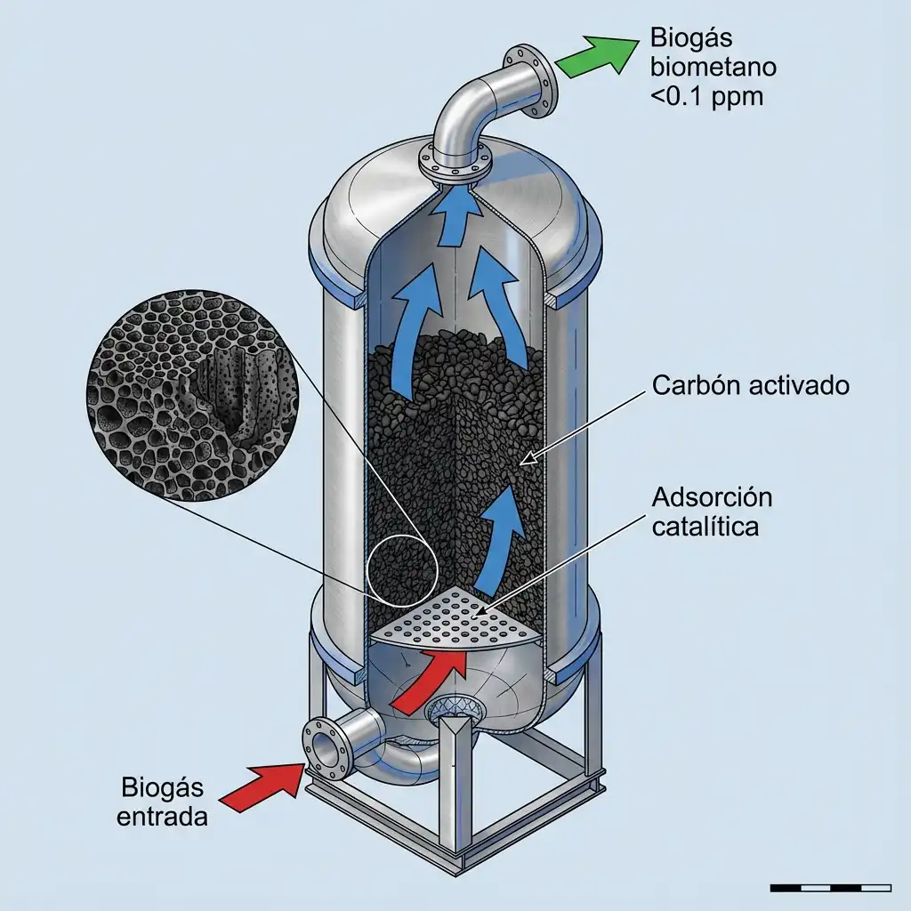 Diagrama isométrico de torre de adsorción con carbón activado