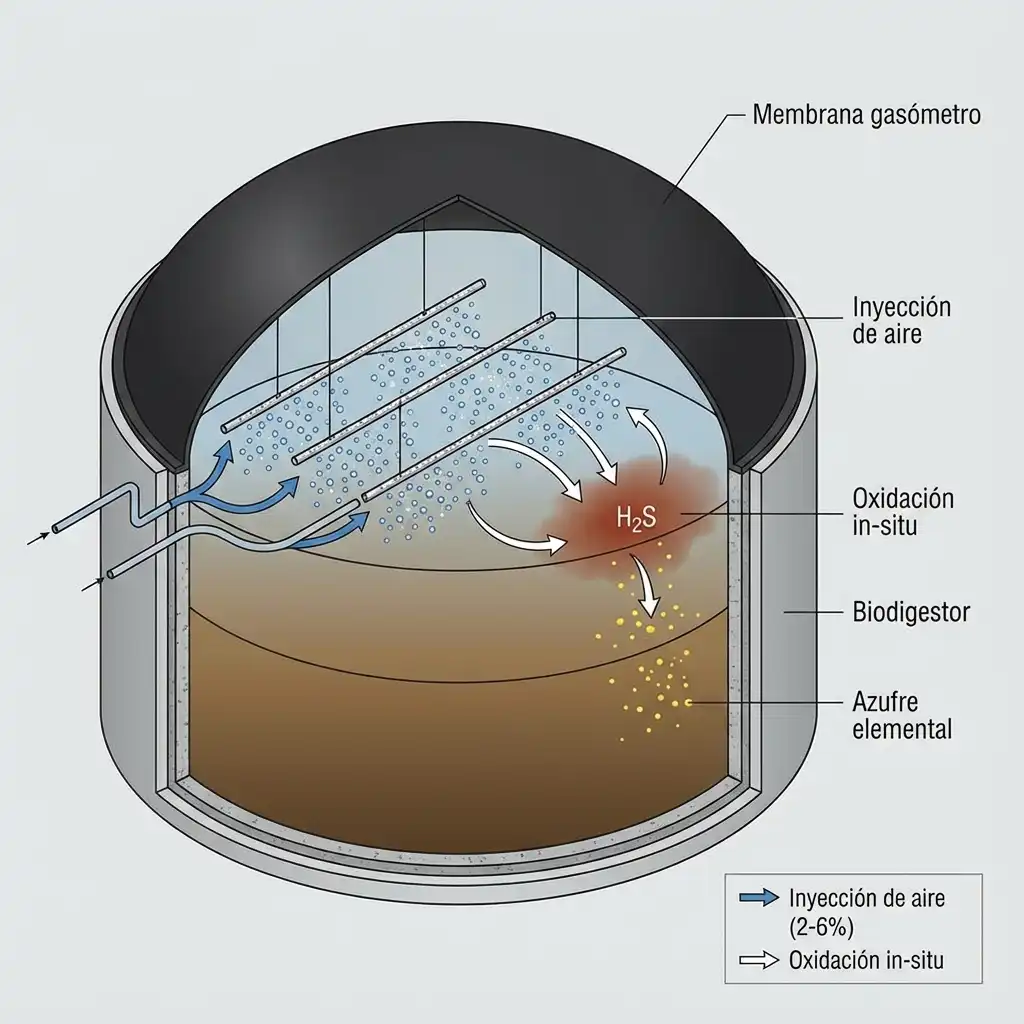 Diagrama isométrico de sistema de micro-aireación in-situ en biodigestor