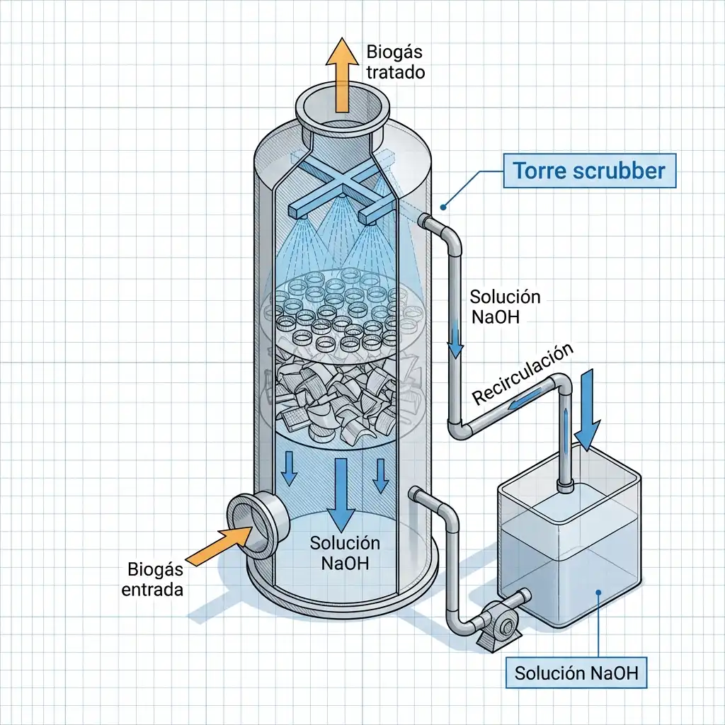 Diagrama isométrico de torre scrubber químico con solución NaOH