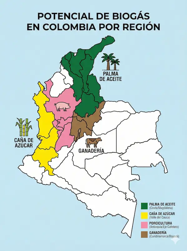 Mapa de potencial de biogás en Colombia por región