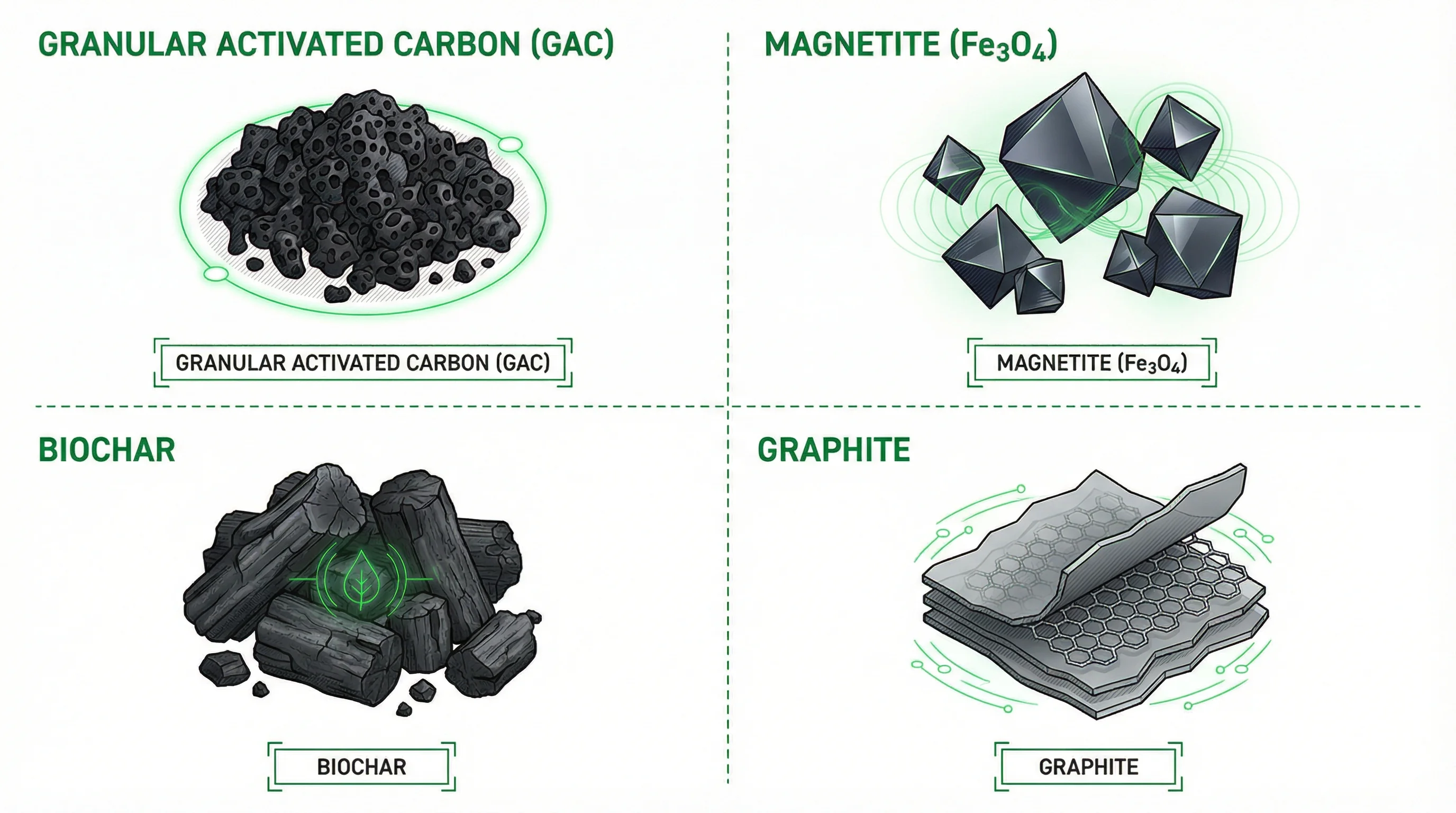 Materiales conductivos para DIET: carbón activado granular, magnetita, biochar y grafito