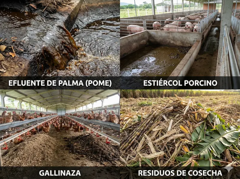 Principales materias primas para producción de biogás en Colombia