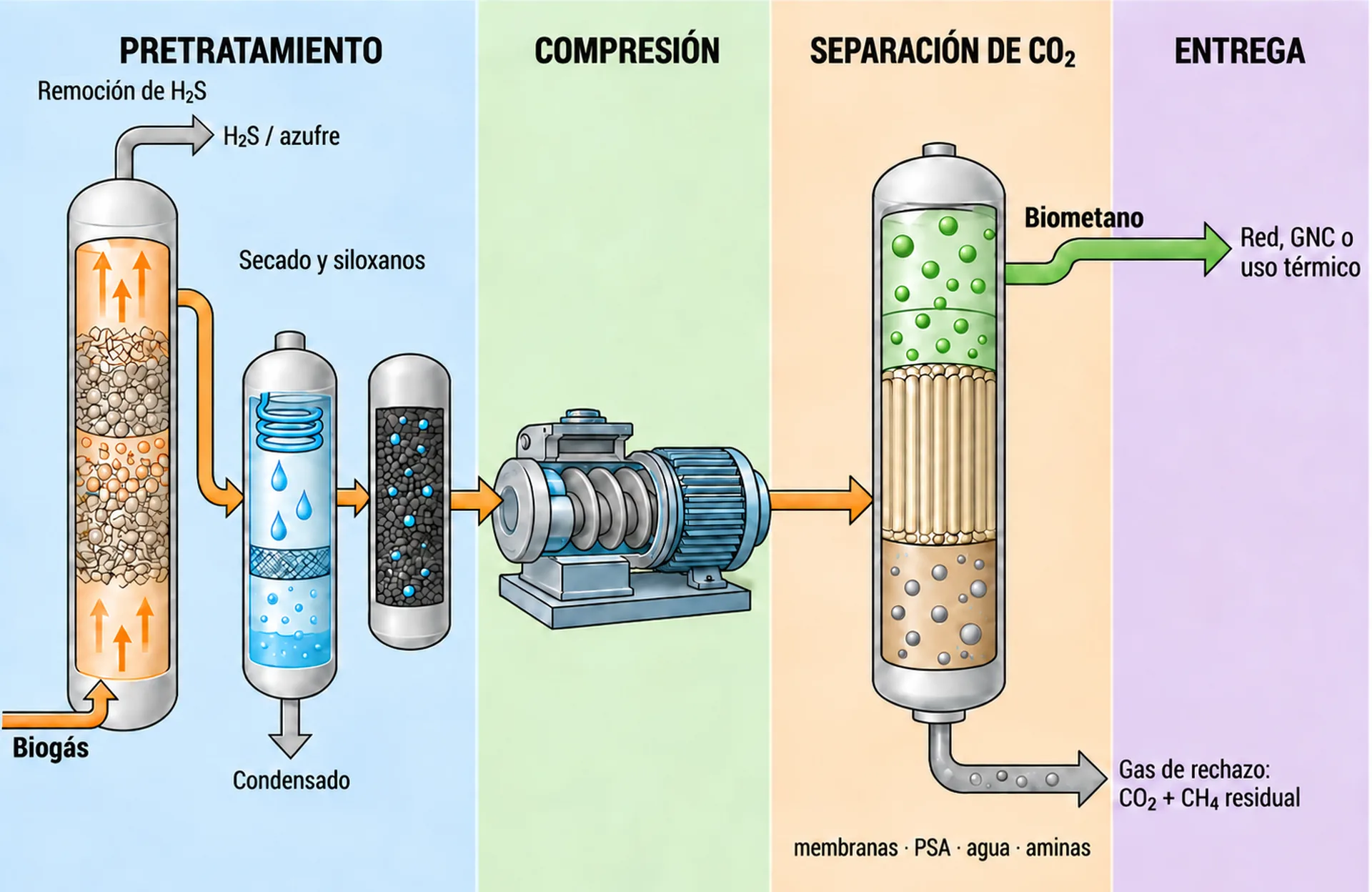 Secuencia de upgrading: pretratamiento (remoción de H₂S, secado y siloxanos), compresión, separación de CO₂ y entrega