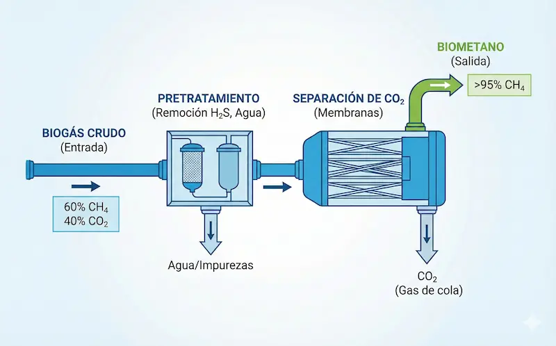 Diagrama del proceso de upgrading de biogás a biometano