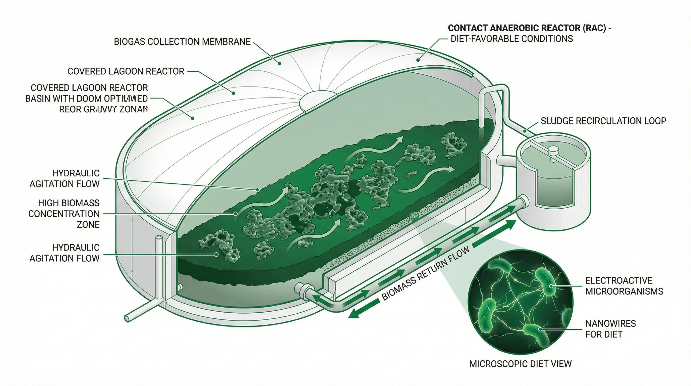 Corte transversal de un Reactor Anaerobio de Contacto mostrando condiciones favorables para DIET