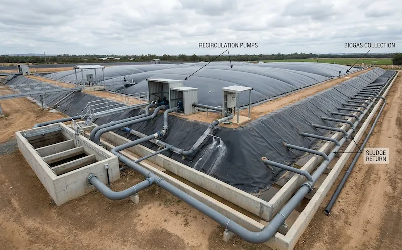 Reactor Anaerobio de Contacto (RAC) - Laguna carpada con agitación hidráulica y decantador