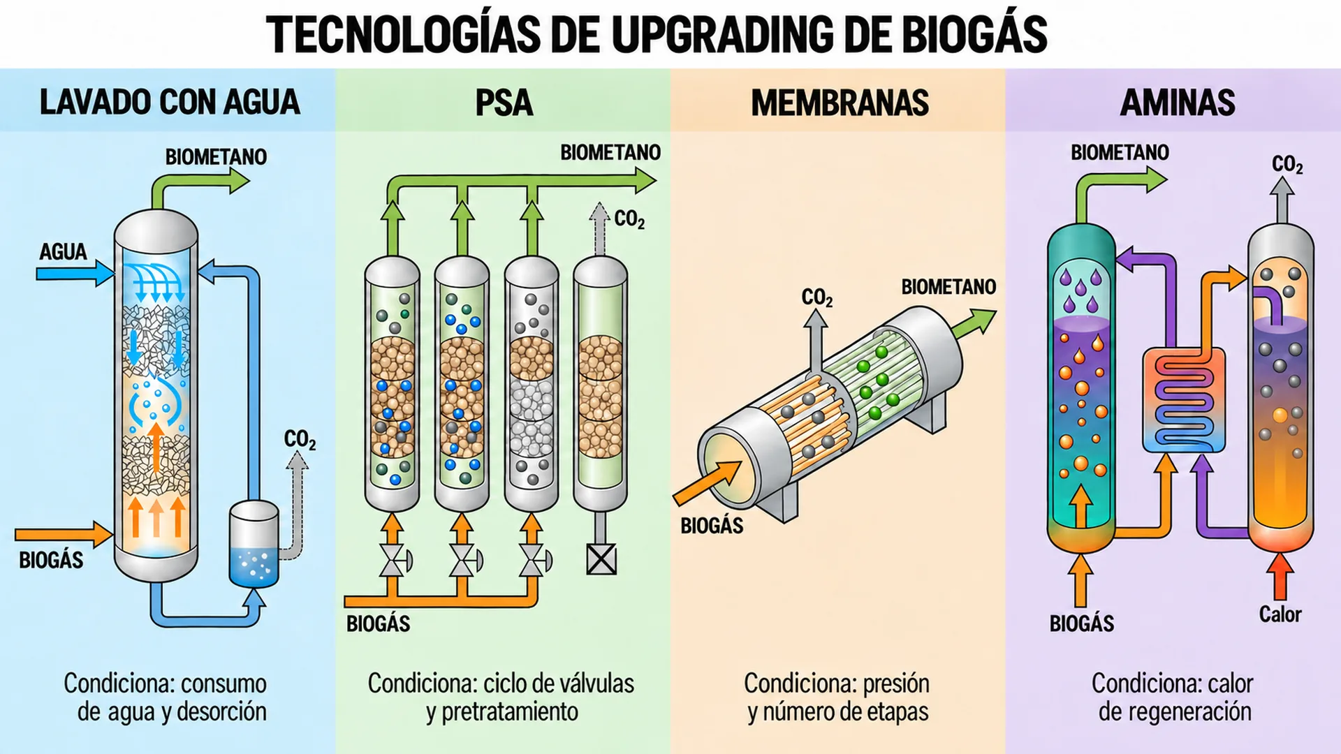 Cuatro tecnologías de upgrading de biogás: lavado con agua, PSA, membranas y aminas