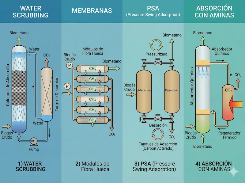 Principales tecnologías de upgrading de biometano