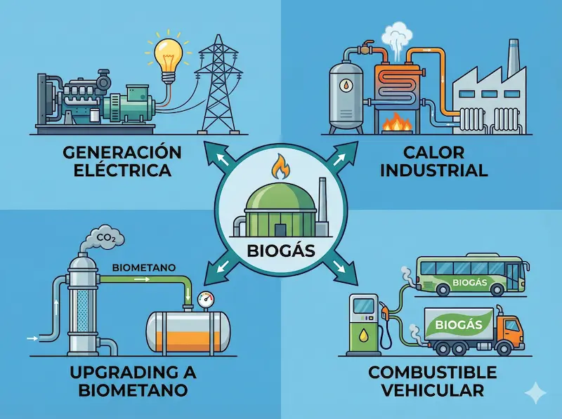 Principales usos del biogás: electricidad, calor, biometano y combustible vehicular