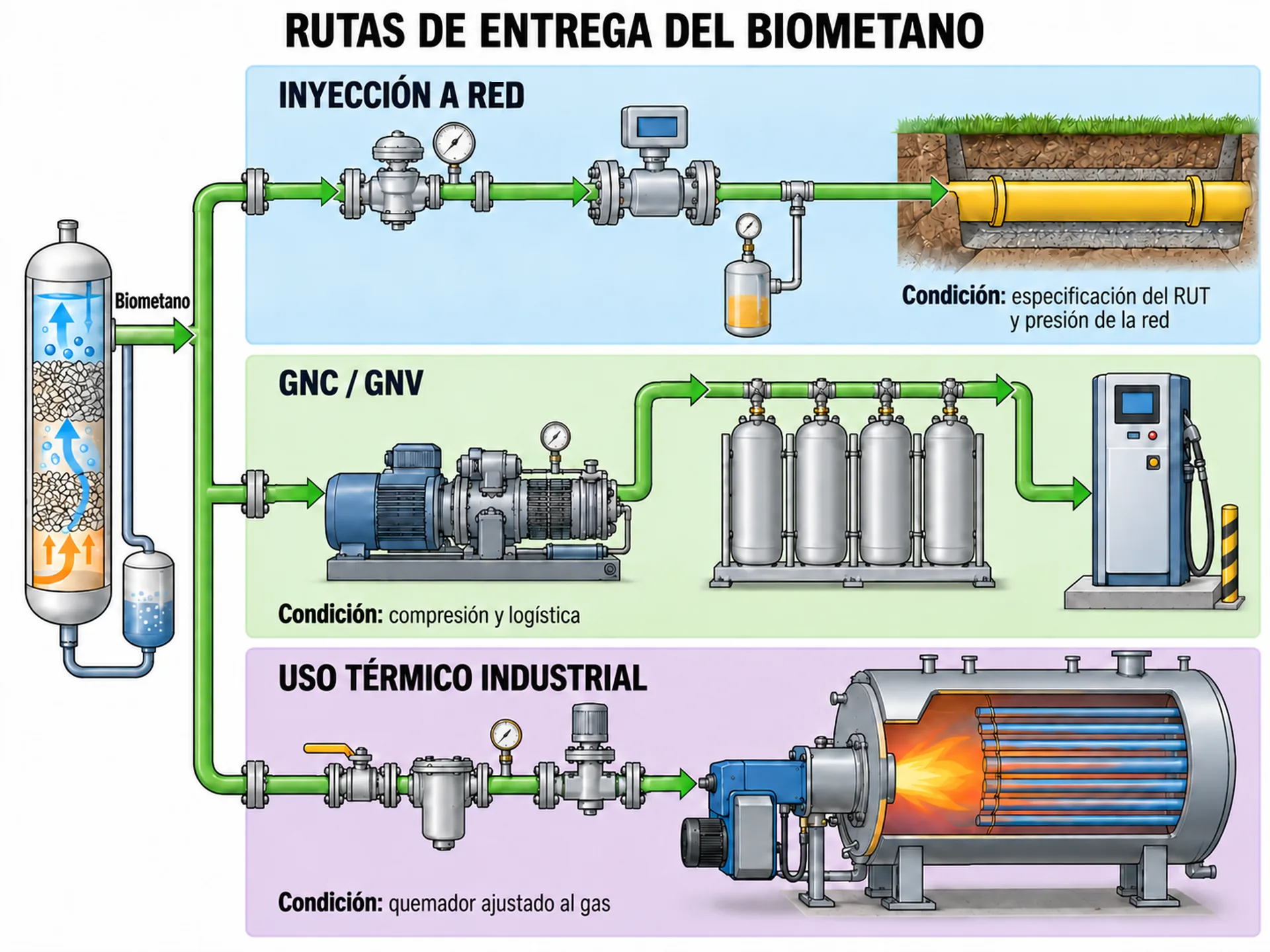 Rutas de entrega del biometano: inyección a red, GNC/GNV y uso térmico industrial